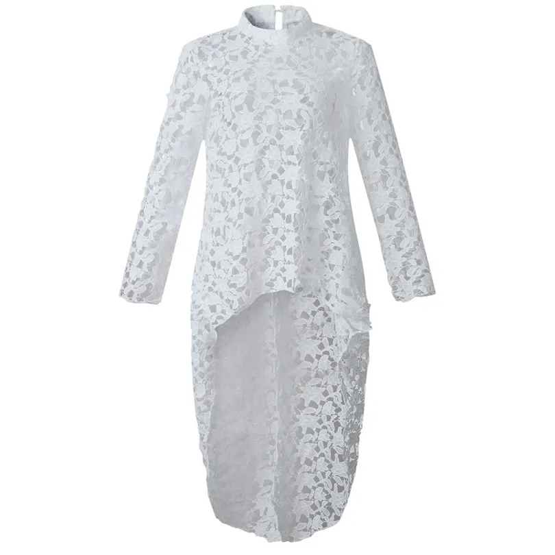 Fashion  Women Summer Lace Hollow Out Shirt Long Sleeve Irregular Tops Casual Daily Blouses Elegant Roll Sleeve Tops #4F11  (4)