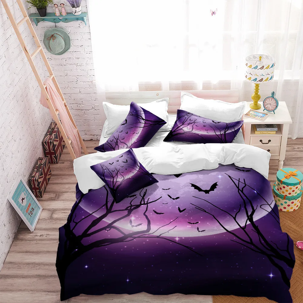 Фиолетовый Звездный Комплект постельного белья 3D луна ночь пододеяльник набор Хэллоуин дизайн постельное белье Король наволочка «Королева» домашний декор D45