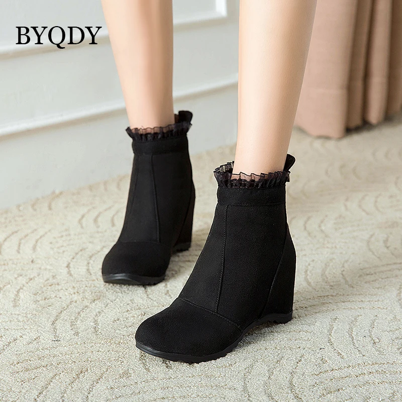 BYQDY Women Ankle Boots Black High Boots Women Spring Flock Ladies ...