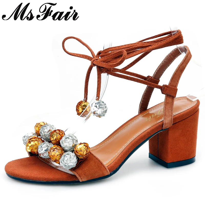 

MsFair Round Toe Square heel Women Sandals Open Toed Cross tied Ladies High Heels Casual Sandals 2018 Flower Women Sandal Shoes