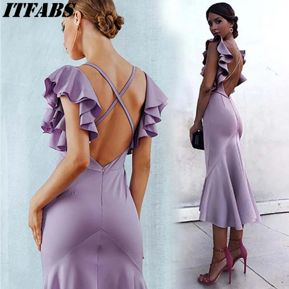 solid ruffles backless fishtail maxi dress