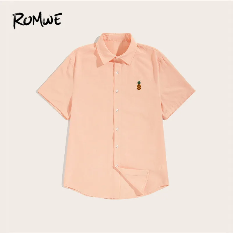 

ROMWE Mens Pink Pineapple Embroidery Detail Short Sleeve Shirts Turn-down Collar Single Button Male Grey Casual Shirt