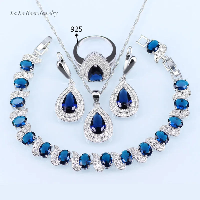 L&B Dark Blue Crystal Jewelry Sets White zircon silver Color 925 Logo