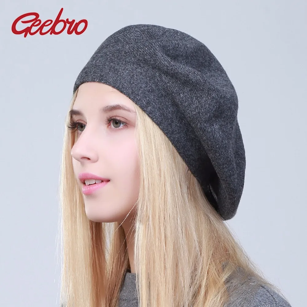 

Geebro 2018 Women's Beret Hat Winter Solid Cashmere Knitted Beret Cap for Femme French Artist Berets for Women chapeau femme