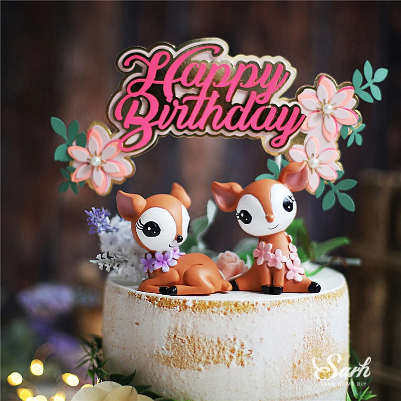 Ins Sika Deer Fawn Decoration Double Layer Flower Cake Toppers for Children Birthday Party Wedding Baking Supplies Sweet Gift