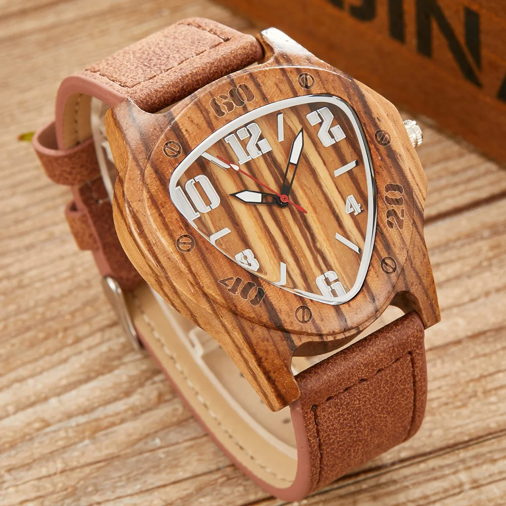 

Wood Watch Men Male Triangle Wooden Minimalist Bamboo Man Watches Nature Leather Band Simple Creative Quartz Wristwatches Clock
