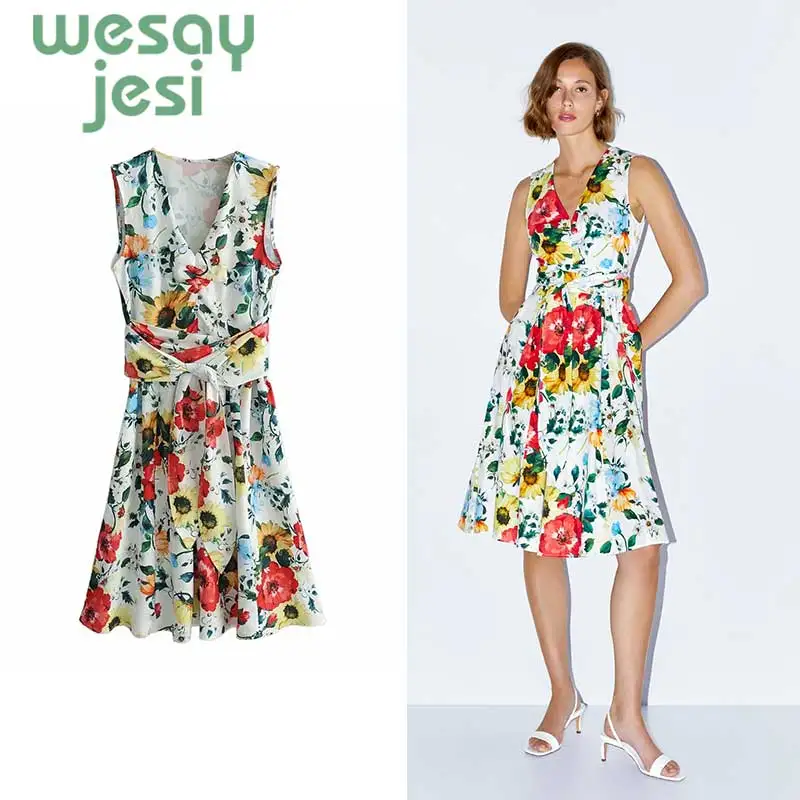 

2019 Fashion Summer Women's Dress women england style Print Flower V-neck Dresses Sleeveless Casual Knee-length Dress