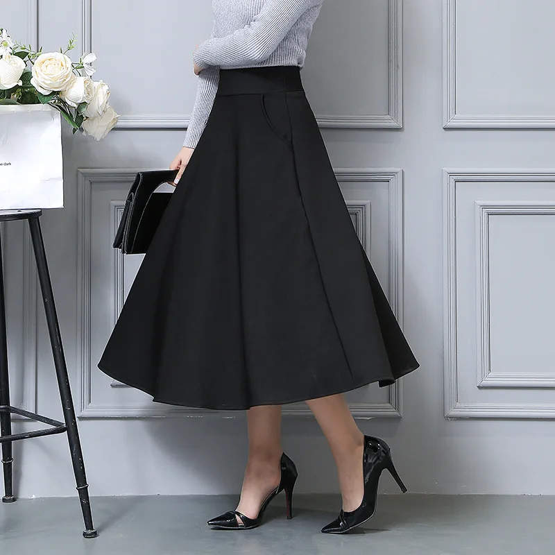 Новая весенняя Осенняя Женская винтажная однотонная черная трапециевидная элегантная длинная юбка с высокой талией для офисных леди, длинная Плиссированная юбка