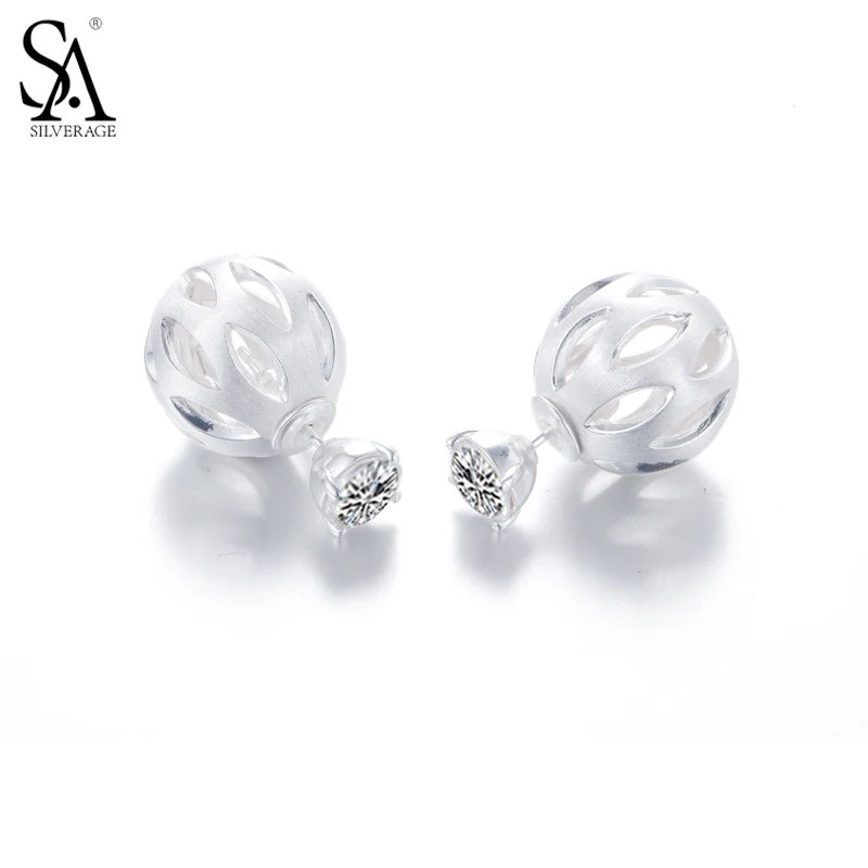 SA SILVERAGE 100% 925 Sterling Silver Hollow Ball Stud Earrings for Women Romantic Fine Jewelry Gift | Украшения и аксессуары