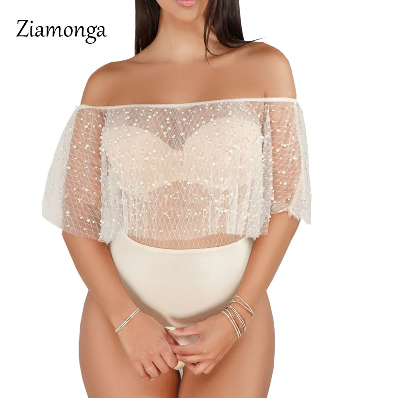 Ziamonga жемчужина сетки рюшами сексуальное боди женского Off Shoulder Lace Bodysuit Для женщин уличная мода летний топ Для женщин облегающий костюм