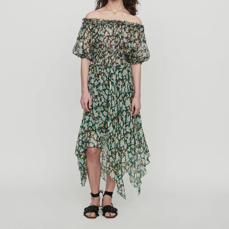 

2019 New Women Off Shoulder Short Sleeve Dress Flower Print Irregular Slim Long Dress