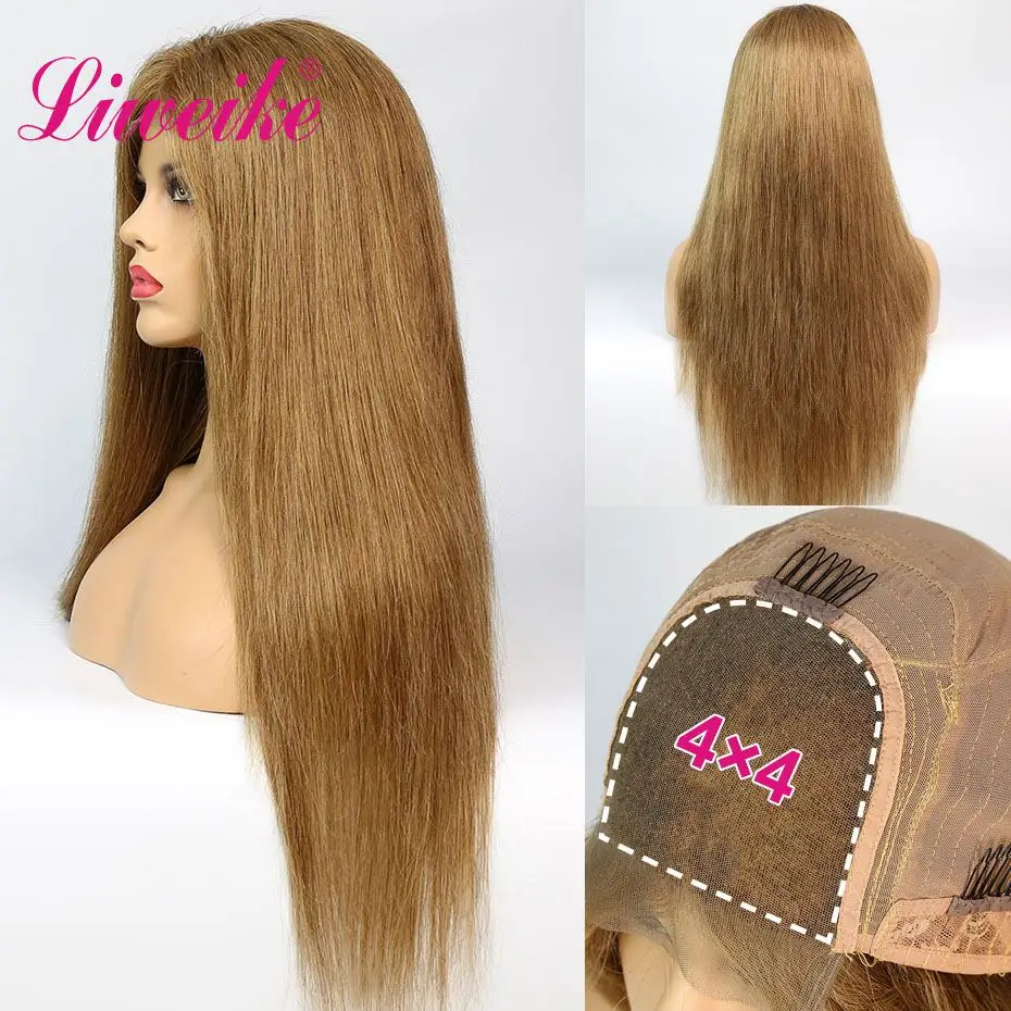 

Liweike Straight #8 Color 4*4 Closure Lace Wig 100% Remy Human Hair 200% Density 18 20 22 inch Glueless Pre Plucked Sewing Wigs