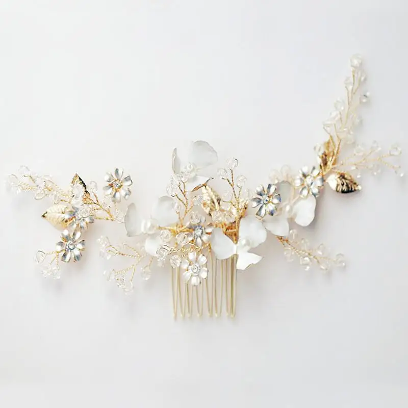 

Bridal Hair Accessories Wedding Hair Jewelr Pearl Crystal Gold Enamel Leaves Flower Hair Comb Headdress