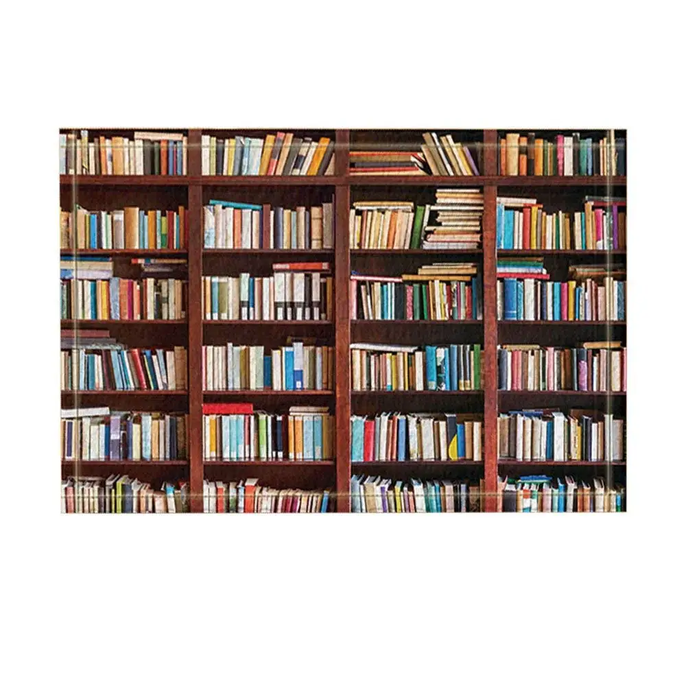 

Bed and Bathroom Carpet Kitchen Mats For Floor Library Decor, Old Bookshelf with Hundreds of Books Bath Rugs, Non-Slip Doormat