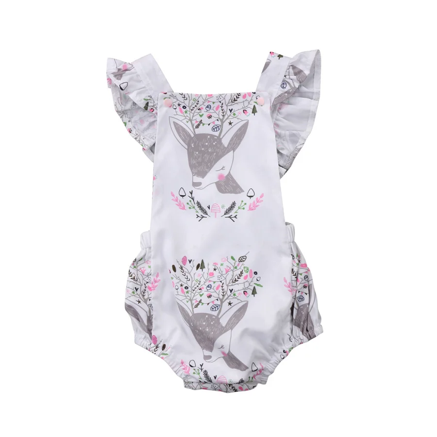 

Infant Baby Clothes Suspender Floral Romper Deer Print White Jumpsuit Butterfly Sleeve Outfit One Piece Kleding Clothes
