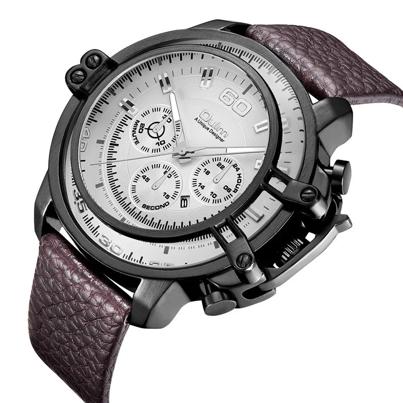 

Oulm Casual Genuine Leather Strap Watches Men Sports Outdoor Hiking Quartz Watch Big Size Male Military Wristwatch Man Hours