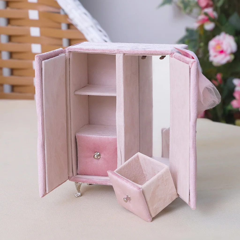 Multifunctional Pink Closet Shape Jewelry Box Bracelet Ring Display Organizer Holder with Built-in Makeup Mirror for Earring