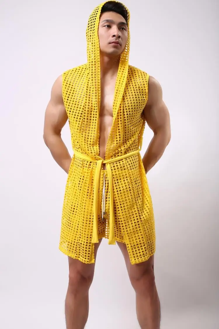 

male bathrobe summer elastic nylon mesh robe men with a hood bathrobe robe sexy sleepwear men