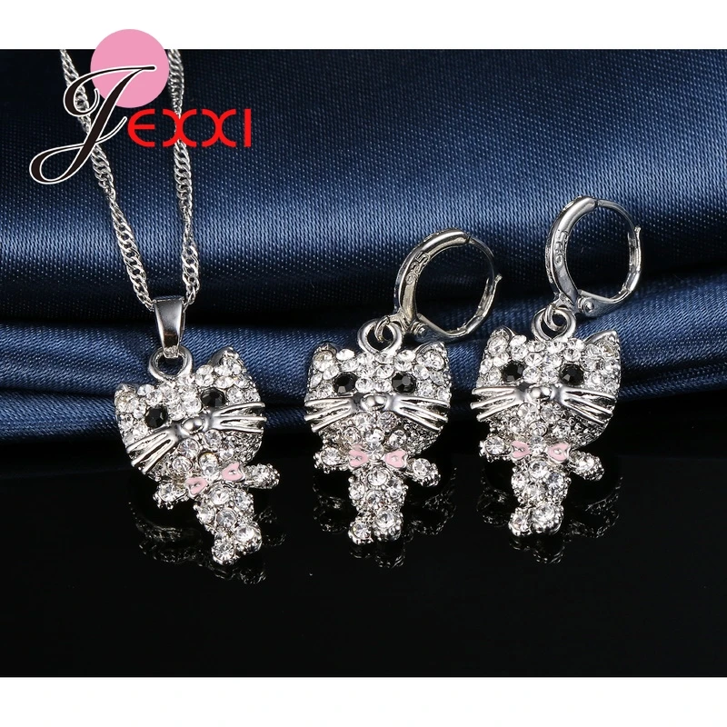 Большая Акция розовый бант милый кот ювелирные наборы прозрачный кристалл чистый 925 пробы серебряные женские цепочки ожерелье серьги