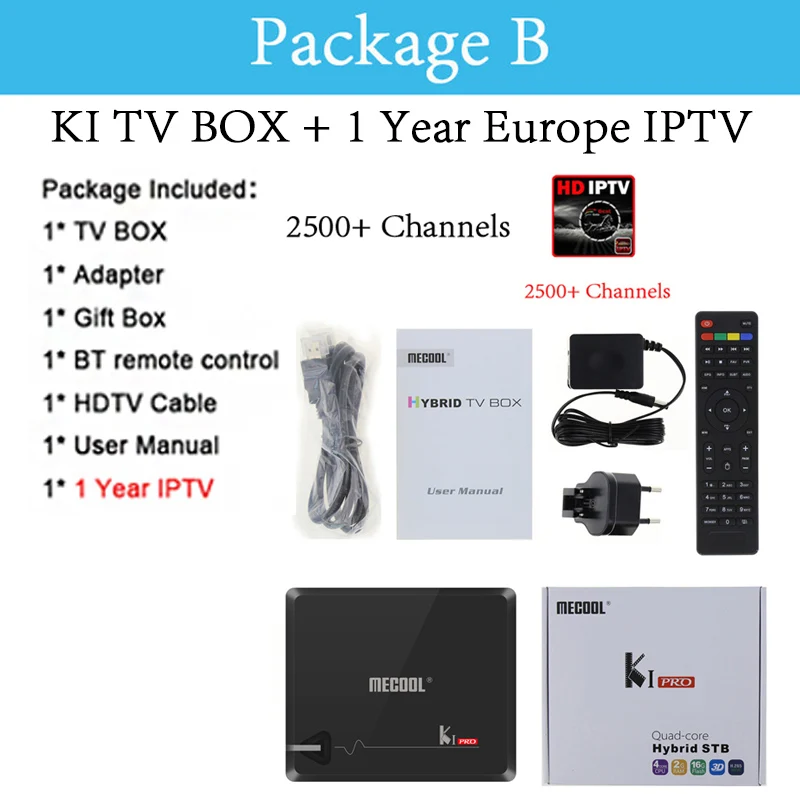 3 месяца России IP ТВ Android ТВ коробка MECOOL KI PRO DVB-T2 DVB-S2 DVB-C S905D Quad 4K Декодер каналов кабельного телевидения DDR4 Media player - Цвет: KI N 1 YEAR IPTV