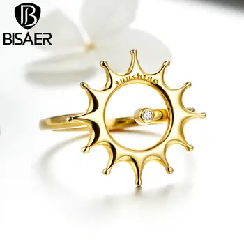

BISAER Designer Clear CZ Gold Color Sun Open Adjustable Finger Rings Women Chic Statement Jewelry Bijoux Valentine Gifts GSR192