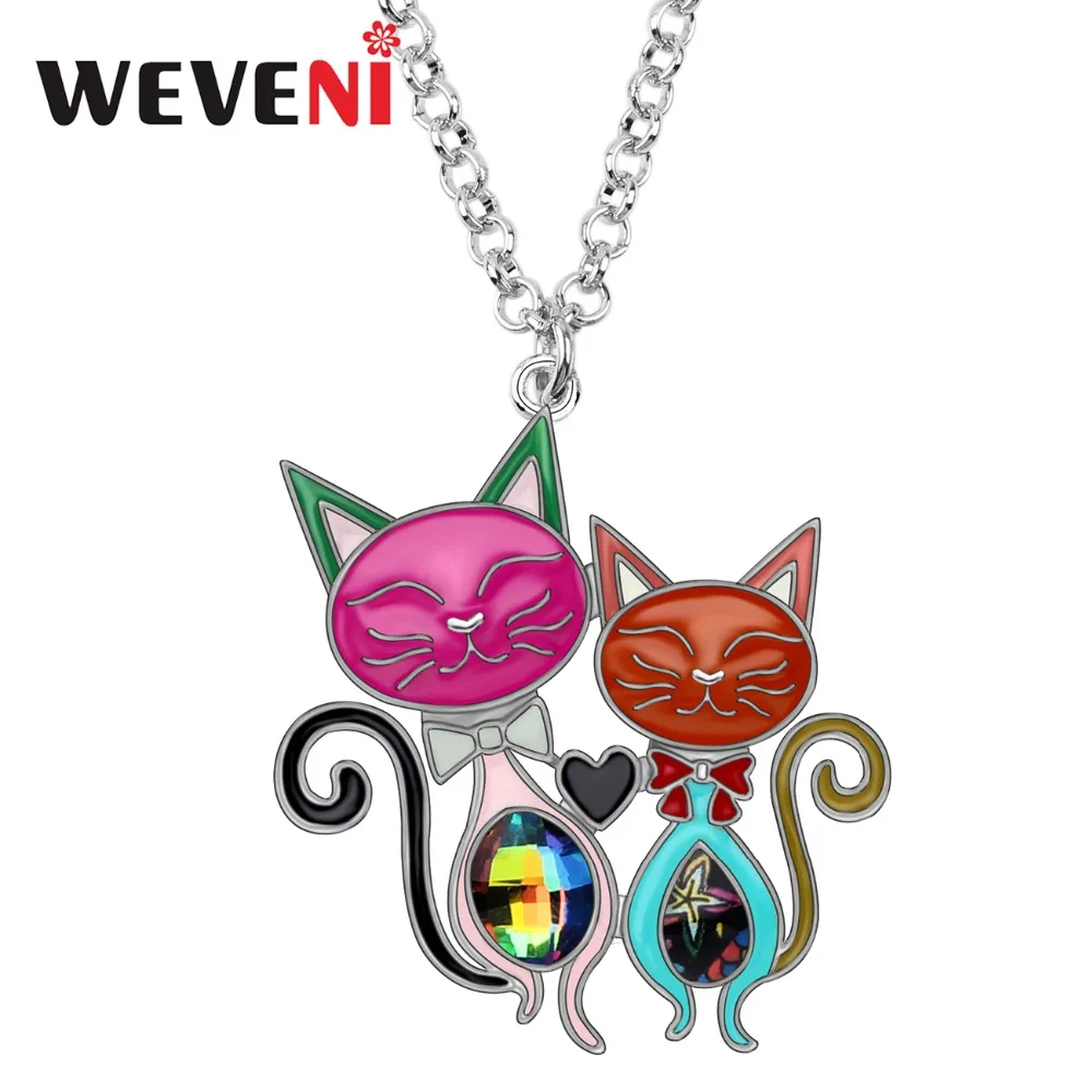 

WEVENI Enamel Alloy Rhinestone Cute Double Cat Pendant Chain Choker Fashion Jewelry Necklace For Women Girls Gift Accessories