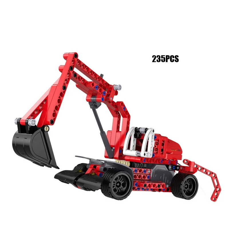 

simulation Technics city engineering red wheel excavator building block assemable bricks pull back toys for boys gifts