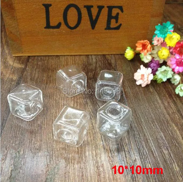 

2016 Free shipping 30pcs/lot 10*10mm square cube cute glass globes with hole Glass bottle empty vial pendant jewelry findings