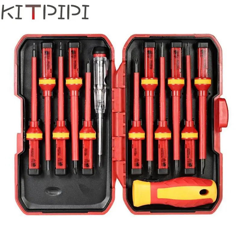 

KITPIPI 13Pcs VED Insulated Screwdriver Set CR-V High Voltage 1000V Magnetic Phillips Slotted Torx Screwdriver Durable Hand Tool
