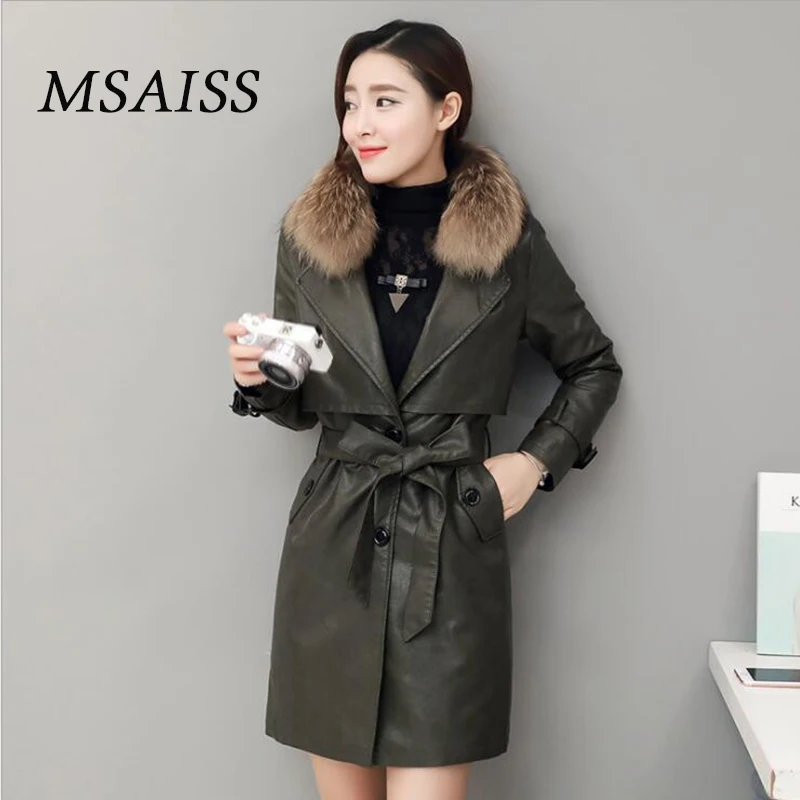 

MSAISS 100% Raccoon Fur Collar Women Warm Leather Jacket 2017 Winter New Lady Sheep Leather Jacket Coat