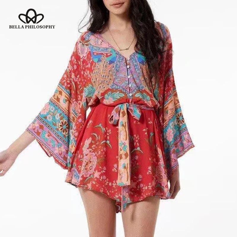 Wonder 2018 summer new women casual print rompers loose sahes female fashion playsuits high waist V Neck ladies rompers