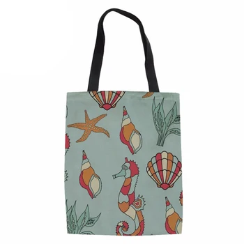 

Fashion Folding Shopping Bags Cartoon Seahorse Print Women Canvas Tote Bag for Female Casual Daliy Beach Reusable Package