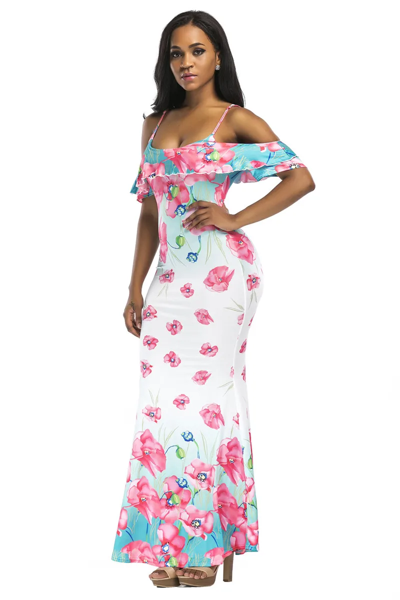 2019 New Ruffles Maxi Dress Floral Print Sexy Straped Off Shoulder Evening Party Clubwear Backless Spaghetti Strap Beach Dress (3)