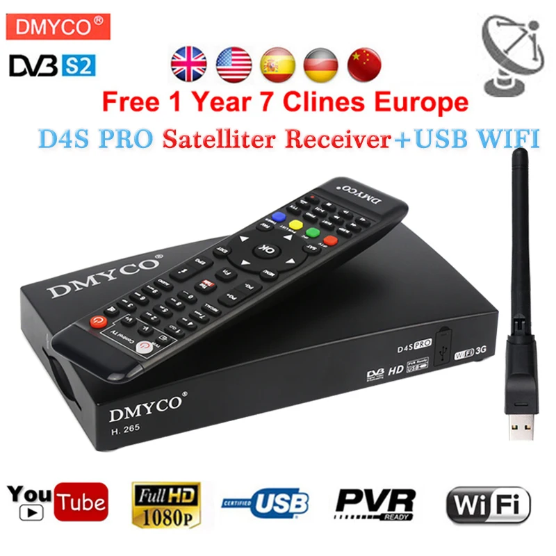 

1 Year Europe spain D4S PRO decodificador satelital DVB-S2 D4S Pro 1080P Portugal Polish Satellite Receiver +USB WIFI