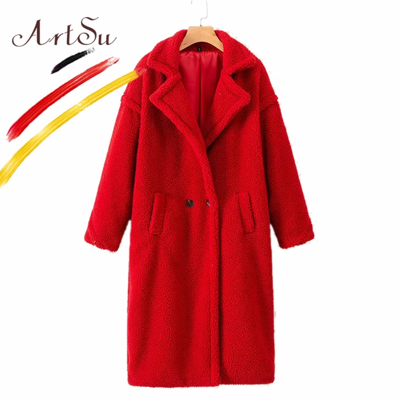 

ArtSu Winter Fur Teddy Coat Women High Street Oversized Red Teddy Jackets Ladies Lamb Wool Coat White Pink Faux Fur Long Coat