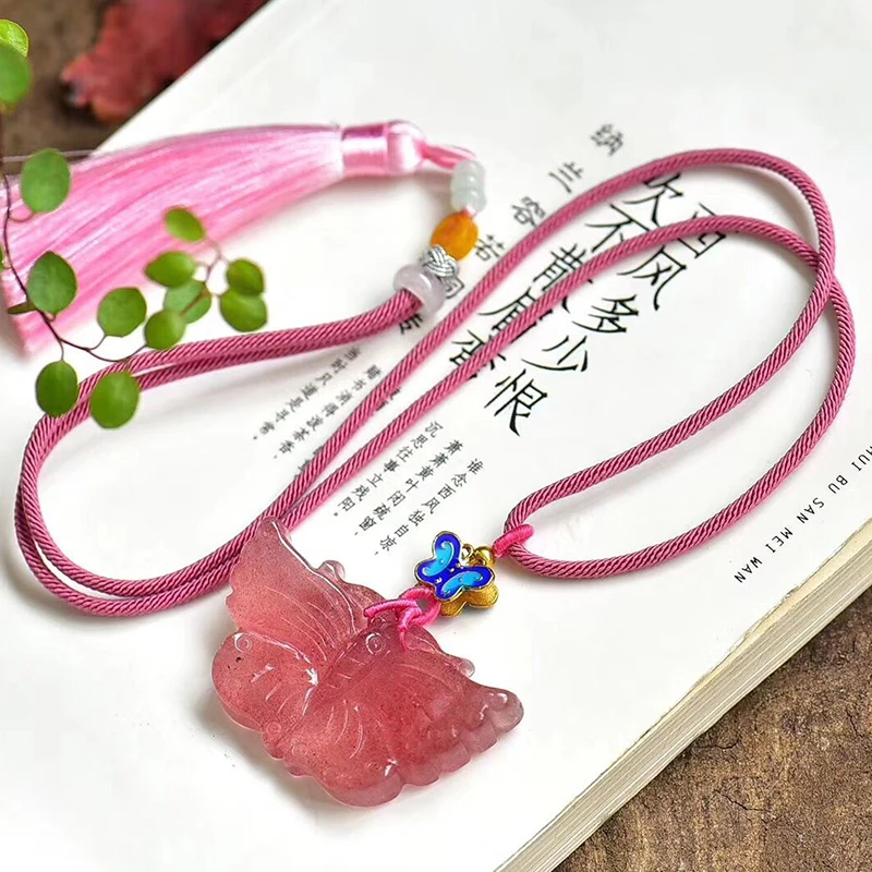 

JoursNeige Strawberry Natural Stone Pendants Carved Butterfly Sweater chain Necklace Lucky For Women Fashion Pendant Jewelry