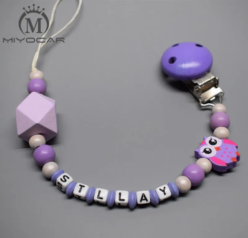 Personalised Any name Hand made lovely purple owl wooden beads dummy