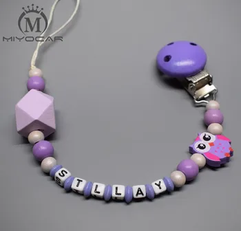 

Personalised -Any name Hand made lovely purple owl wooden beads dummy clip holder pacifier clips soother chain teether clip