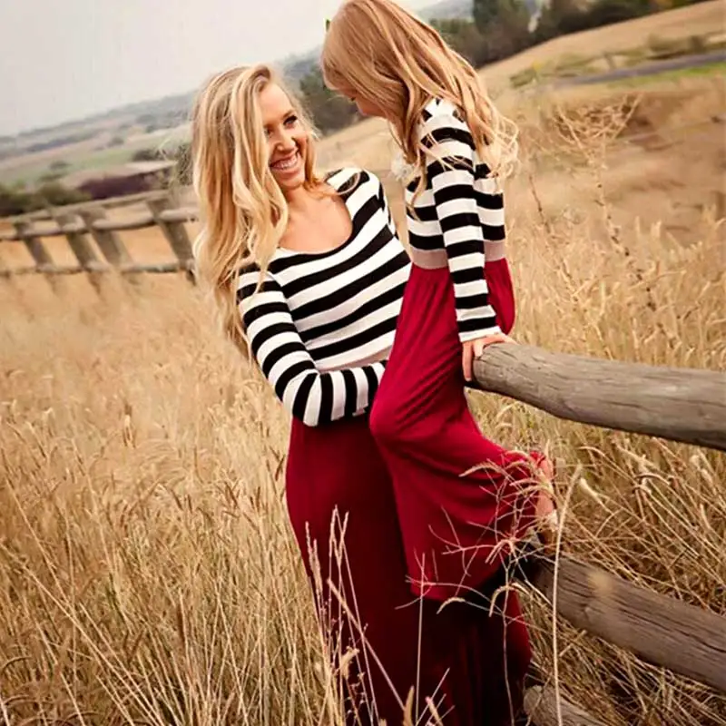 

Mother Daughter Dresses Family Look Matching Clothes long sleeve striped cotton mom and daughter dress outfit baby girl clothing