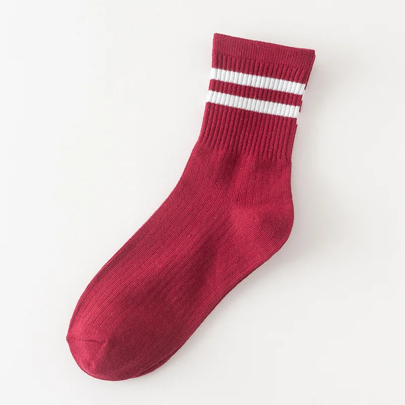 Ins/осенне-зимние женские хлопковые носки, 3 шт., ворсовые носки, спортивные носки с двумя полосками, женские полосатые носки, горячая распродажа - Цвет: Red