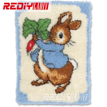 

DIY Latch Hook Rug Kits Unfinished Crocheting Tapestry Yarn Needlework Cushion Set for Embroidery Carpet Rabbit with Carrot Mat