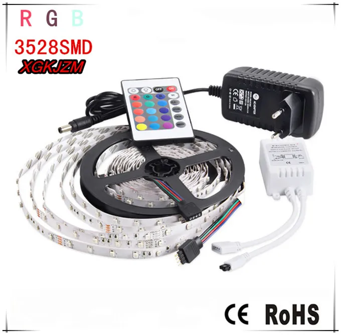 Waterproof 5M SMD 3528 RGB LED Strip +24 key remote control + 2A adapter LED Light suit