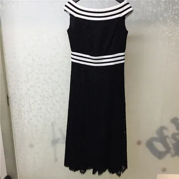 

2019 Women Dresses Summer Slash Neck Black Lace Dress Casual High Waist Long Dress Elegant Vestidos