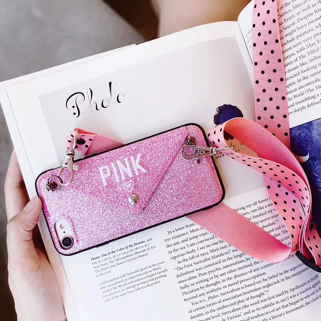 Роскошный Розовый блестящий чехол с вышивкой для iPhone 11Pro Max 7 8 Plus XS Max X модный волнистый ремешок для samsung S9 Plus Note 9
