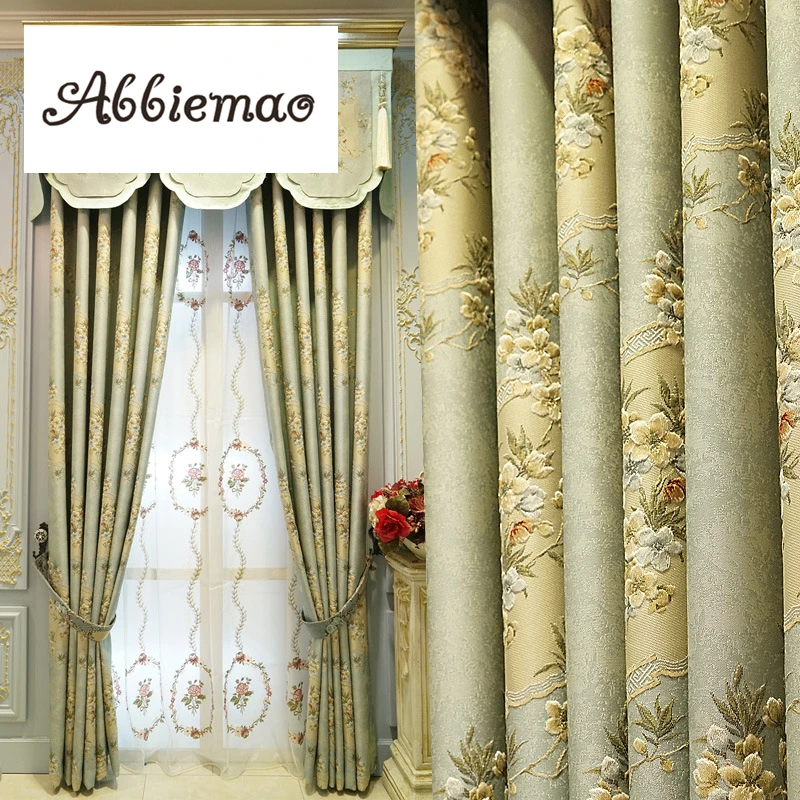 

Abbiemao High-end Pastoral Style Jacquard Curtain For Bedroom Living Room With Matched Embroidered Gauze Green Window Treatments