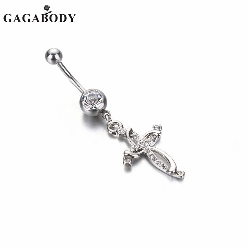 1pc Clear gems Cross Belly Button Ring Piercing 14G Rhinestone Cross