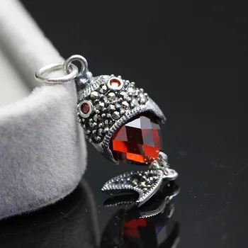 

silver jewelry wholesale 925 sterling silver inlaid garnet red zirconium fish pendant pendant retro Silver Pendant