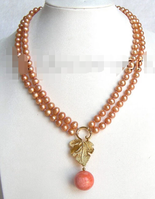 

free shipping>>@@ JY&4553 double nautral pearls &pink coral necklace pendant 5.3