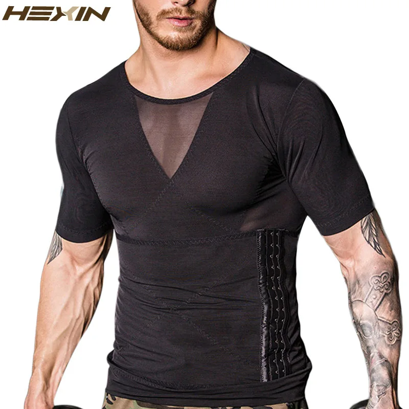 

HEXIN Men's Breathable Shaper Waist Control Belly Slimming Shapewear Hooks T-Shirt Posture Corrector Body Compression Underwear