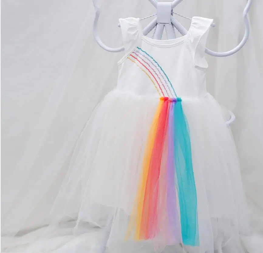 

Retail 2019 Baby Girls Summer Rainbow Sequined Mesh Dress Princess Children Sweet Party Dress